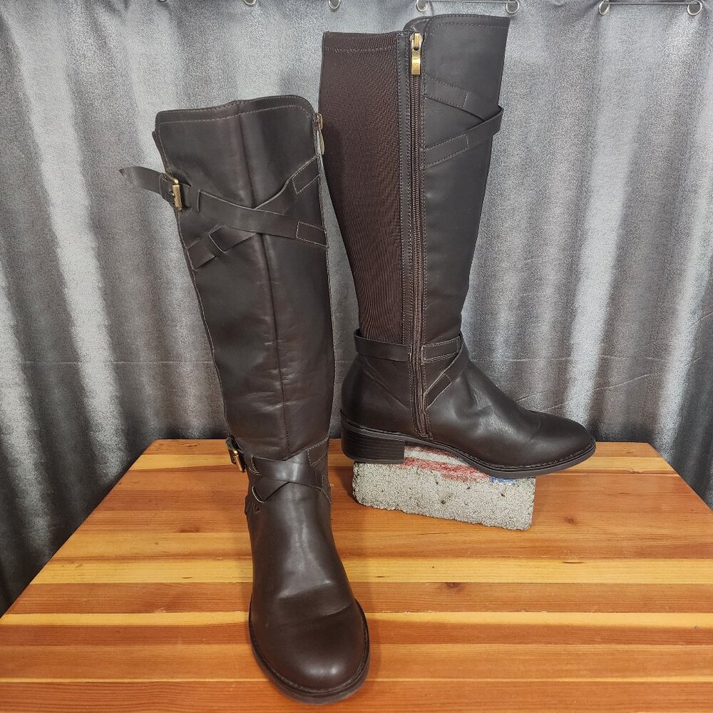 Franco Sarto Brown Knee High Riding Boots Chrome Zip Up Size 8.5M Neoprene Calf